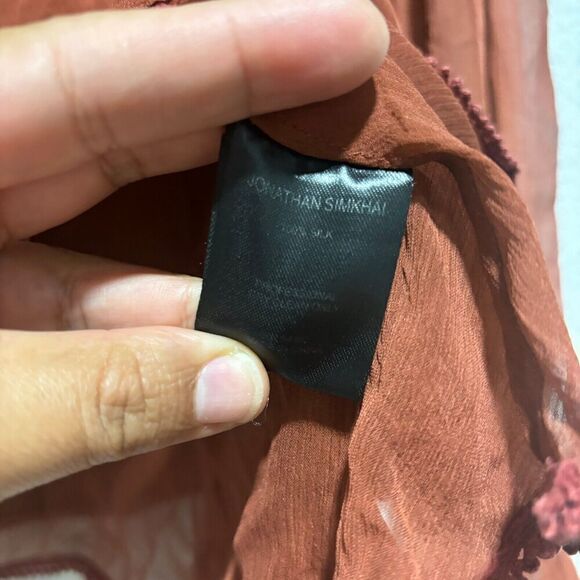 NWOT Jonathan Simkhai Silk V-Neck Blouse XS Brown Long Sleeve Ruffle Lace Detail - Picture 9 of 10